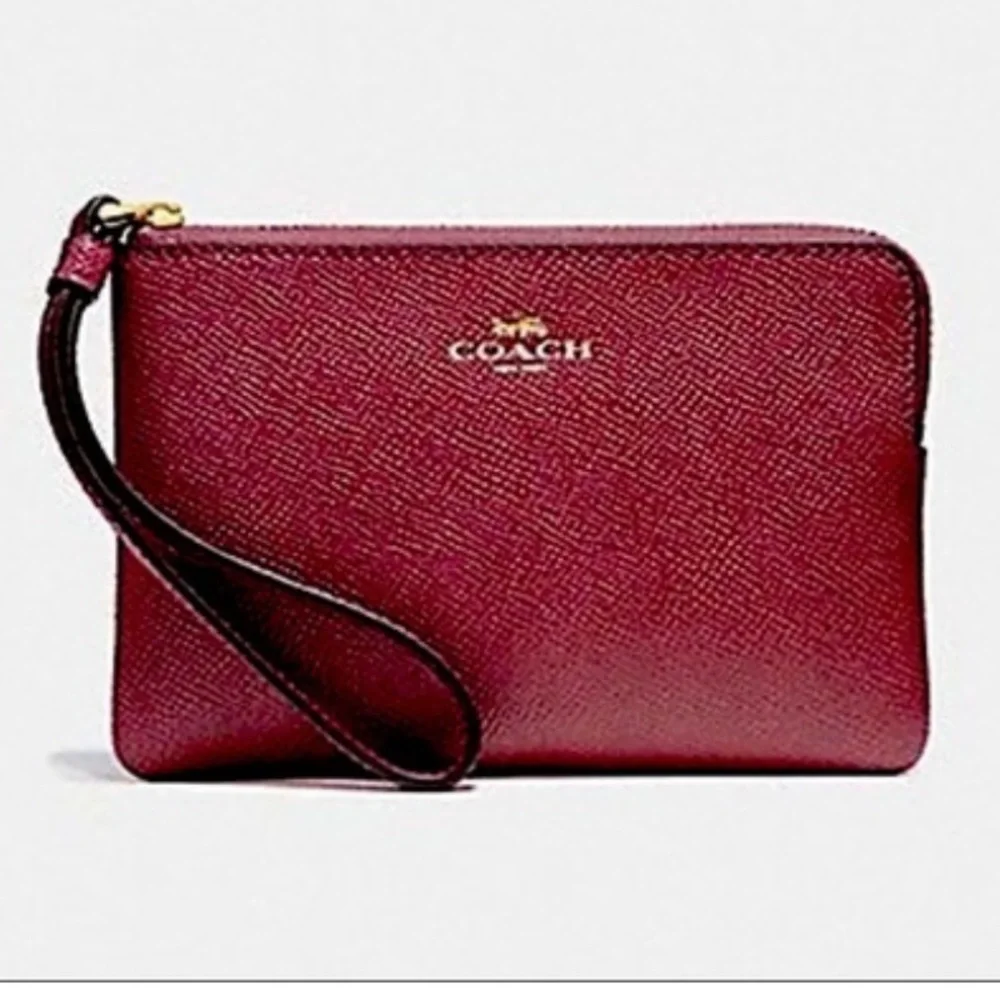 Boxed Coach Leather Metallic Wristlet with Strap Red Berry NEW